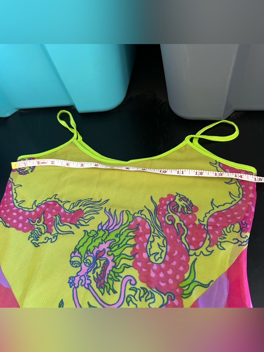 Vintage Y2K Astuces Tank Top Green Dragon Pink Mesh Asymmetrical Fairy Grunge - Picture 12 of 13